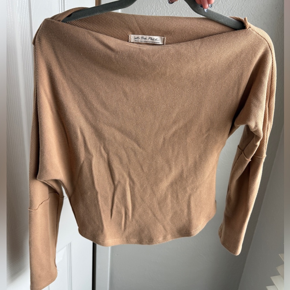 FREE PEOPLE Off the Shoulder Sweater Top Long Sleeve Fuji Brown Thermal Knit S